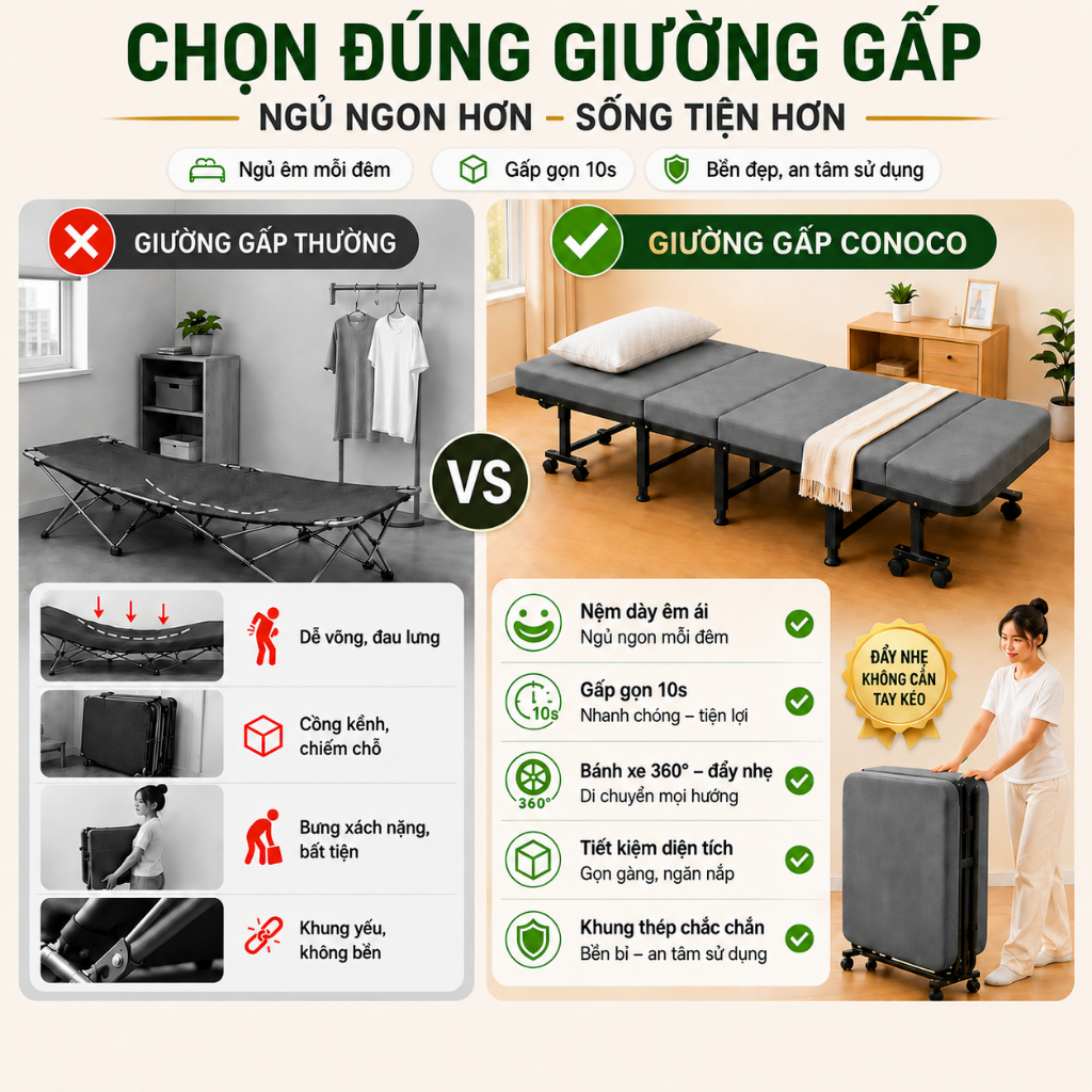 Giường Gấp Gọn Khung CONOCO Thép Nệm Dày Bánh Xe 360 Chỉ 0.1m2 Cho Phòng Trọ