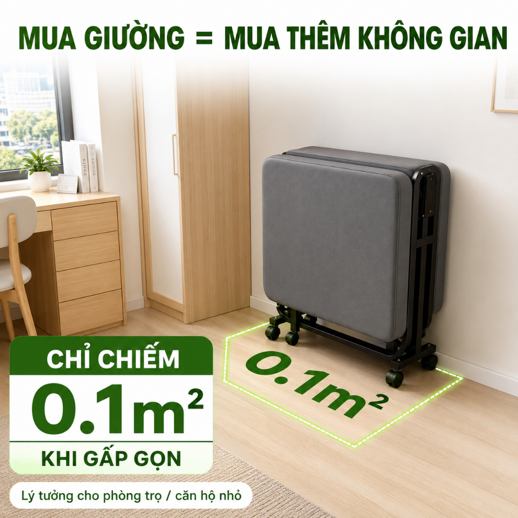 Giường Gấp Gọn Khung CONOCO Thép Nệm Dày Bánh Xe 360 Chỉ 0.1m2 Cho Phòng Trọ
