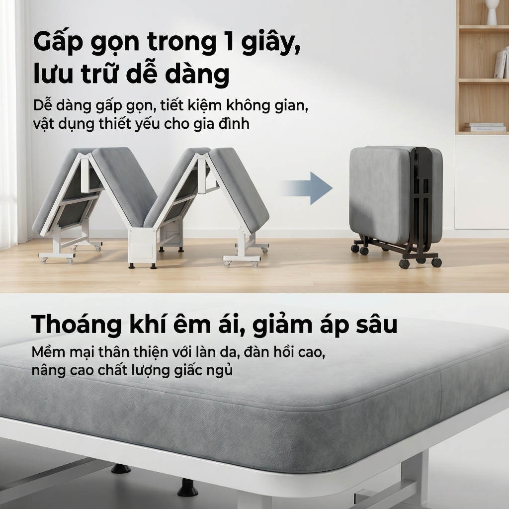 Giường Gấp Gọn Khung CONOCO Thép Nệm Dày Bánh Xe 360 Chỉ 0.1m2 Cho Phòng Trọ