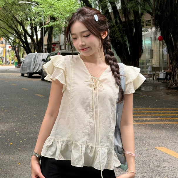 Áo Babydoll Kiểu Nữ Tay Phồng Cổ V Đan Dây Phối Ren Mùa Hè Kimee - KA859