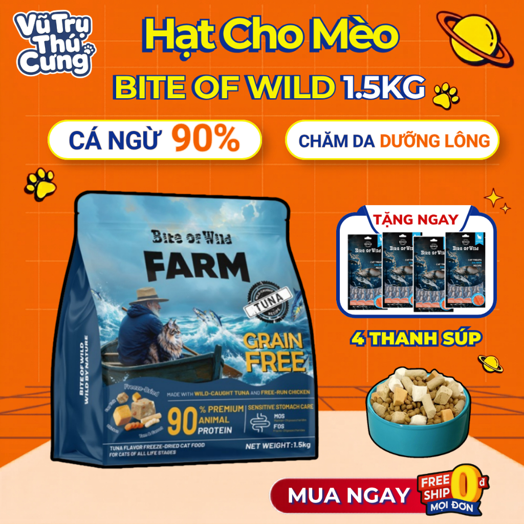 Thức Ăn Hạt Cho Mèo Bite Of Wild Farm Topping Cá Ngừ 1,5kg Hỗ Trợ Tiêu Hóa, Miễn Dịch, Sức Khỏe Toàn Diện