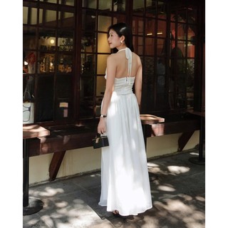 (Bán Lẻ) Set Nữ Mùa Hè POLKA Áo Cổ Đổ Dáng Yếm Hở Lưng Phối Chân Váy Xòe Dài GOÛT DE JUN