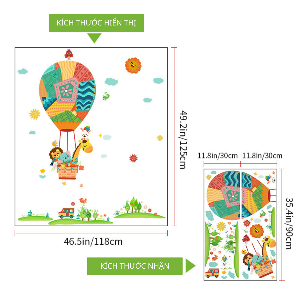 Decal Dán Tường Động Vật Bay Khinh Khí Cầu Nhiều Màu Sắc Có Keo Sẵn 118x125cm - Trang Trí Phòng Ngủ