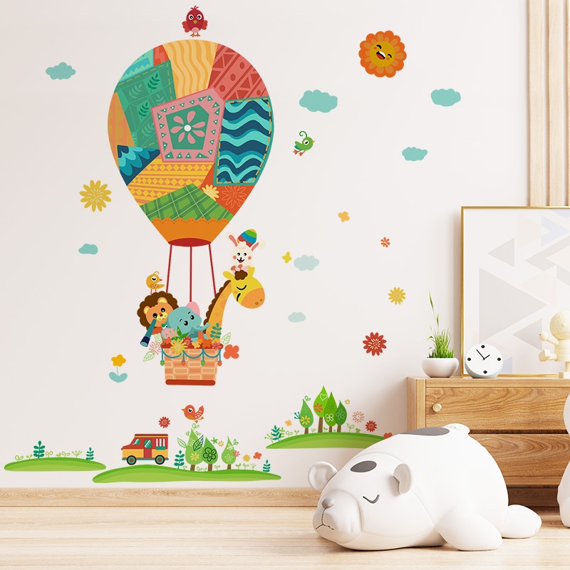 Decal Dán Tường Động Vật Bay Khinh Khí Cầu Nhiều Màu Sắc Có Keo Sẵn 118x125cm - Trang Trí Phòng Ngủ