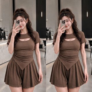Set đồ nữ bigsize áo cổ tròn tay ngắn khoét ngực kèm quần short ống xòe vải thun gân SET817