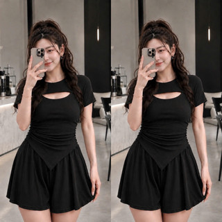 Set đồ nữ bigsize áo cổ tròn tay ngắn khoét ngực kèm quần short ống xòe vải thun gân SET817
