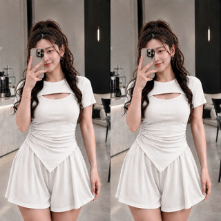 Set đồ nữ bigsize áo cổ tròn tay ngắn khoét ngực kèm quần short ống xòe vải thun gân SET817