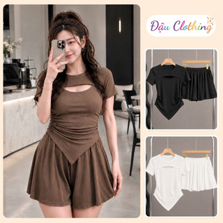 Set đồ nữ bigsize áo cổ tròn tay ngắn khoét ngực kèm quần short ống xòe vải thun gân SET817
