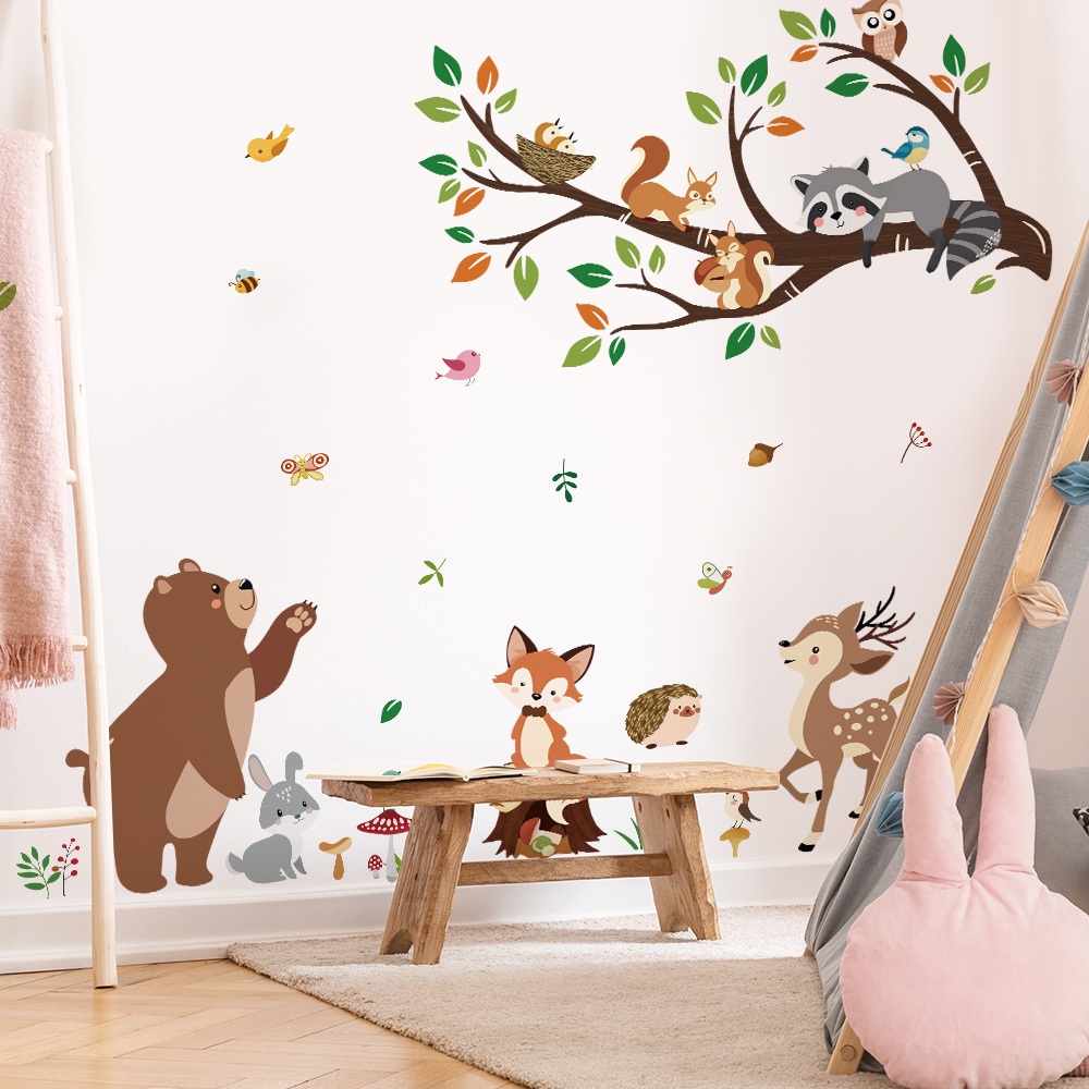 Decal Dán Tường Gấu Và Những Người Bạn Rừng Xanh Có Keo Sẵn 115x100cm - Trang Trí Phòng Ngủ Cho Bé