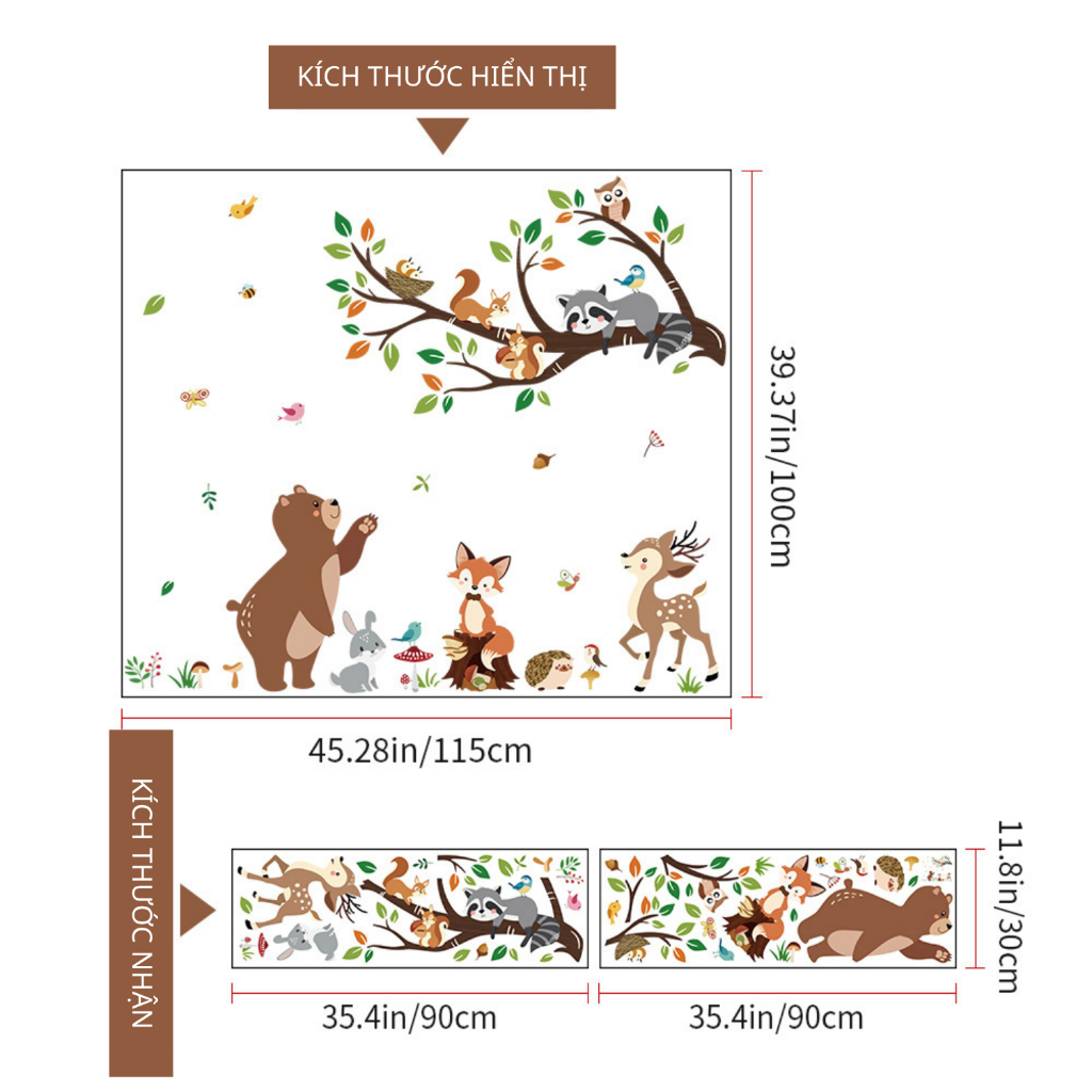 Decal Dán Tường Gấu Và Những Người Bạn Rừng Xanh Có Keo Sẵn 115x100cm - Trang Trí Phòng Ngủ Cho Bé