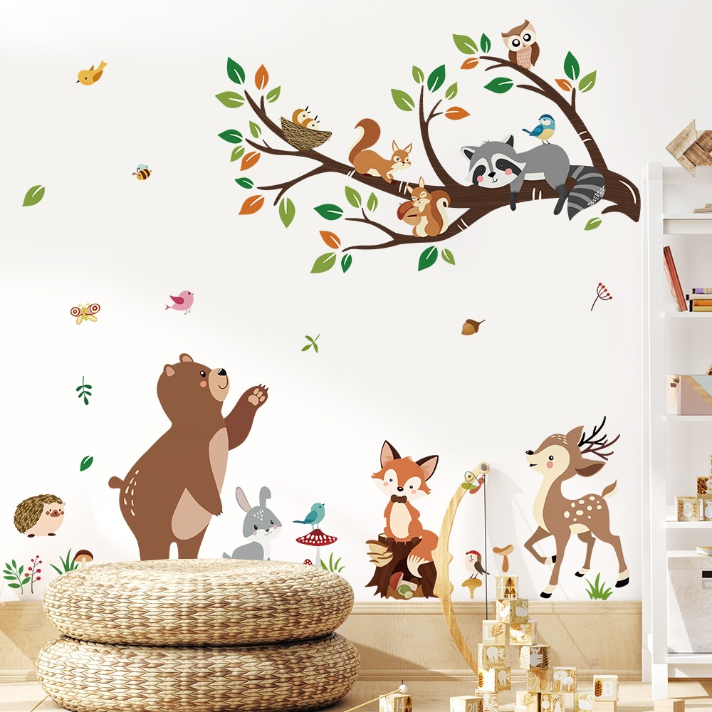 Decal Dán Tường Gấu Và Những Người Bạn Rừng Xanh Có Keo Sẵn 115x100cm - Trang Trí Phòng Ngủ Cho Bé