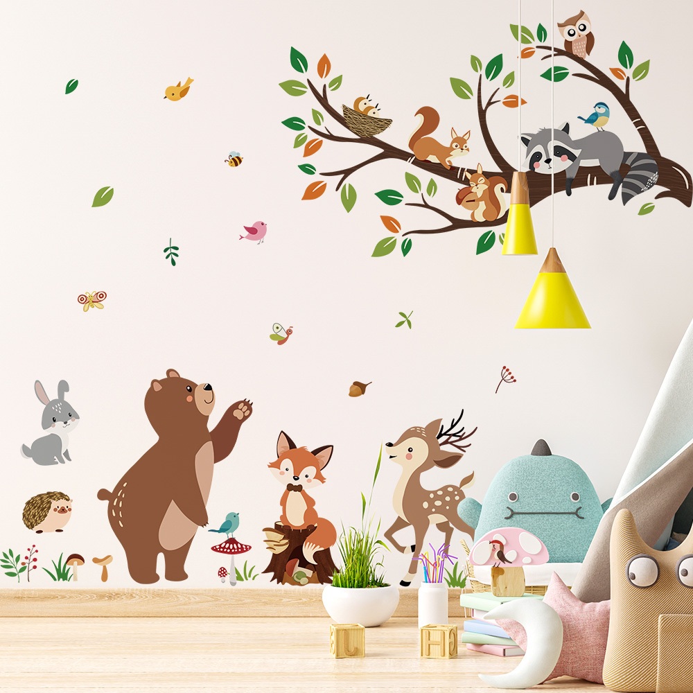 Decal Dán Tường Gấu Và Những Người Bạn Rừng Xanh Có Keo Sẵn 115x100cm - Trang Trí Phòng Ngủ Cho Bé