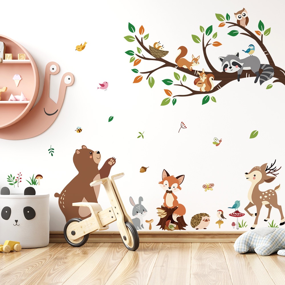 Decal Dán Tường Gấu Và Những Người Bạn Rừng Xanh Có Keo Sẵn 115x100cm - Trang Trí Phòng Ngủ Cho Bé