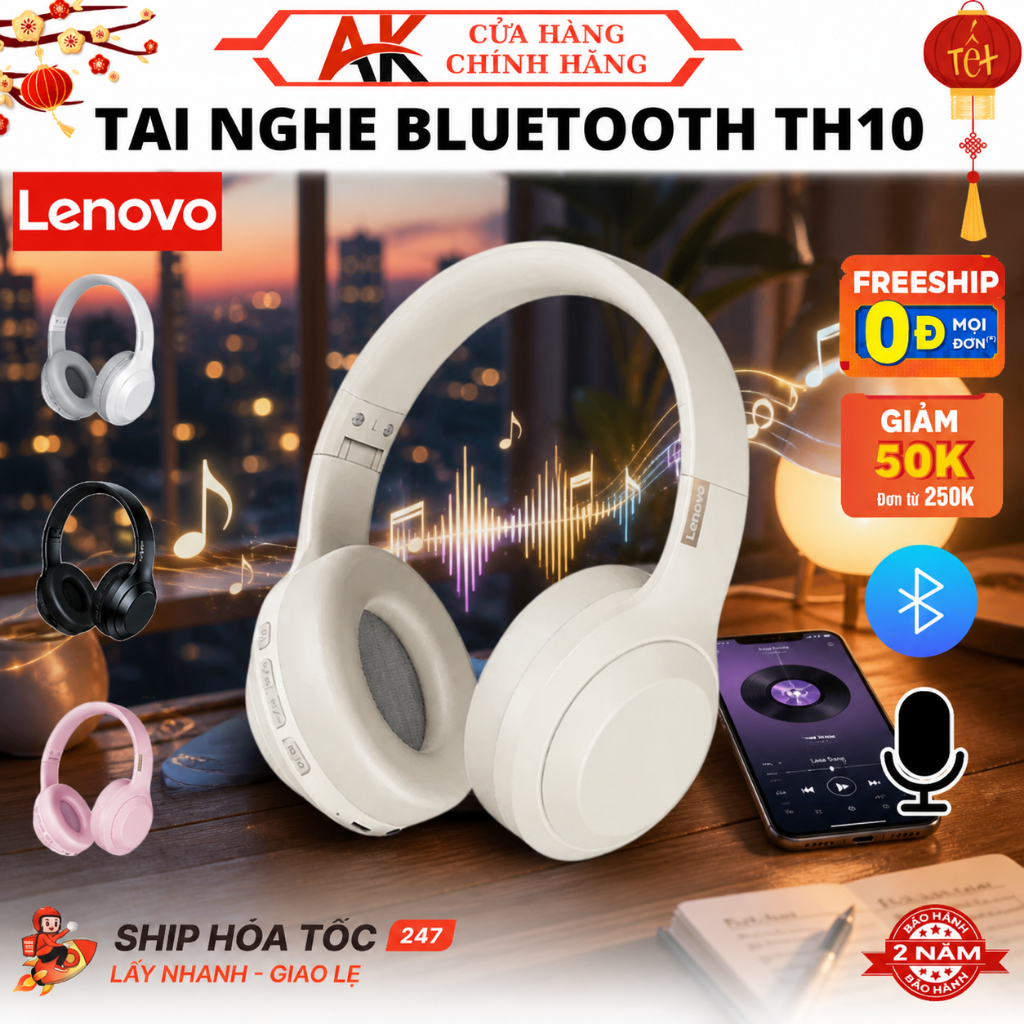 Tai Nghe Lenovo TH10 Bluetooth Âm Thanh Nổi Giảm Ồn Thoải Mái Chống Thấm Nước, Bảo Hành 2 Năm