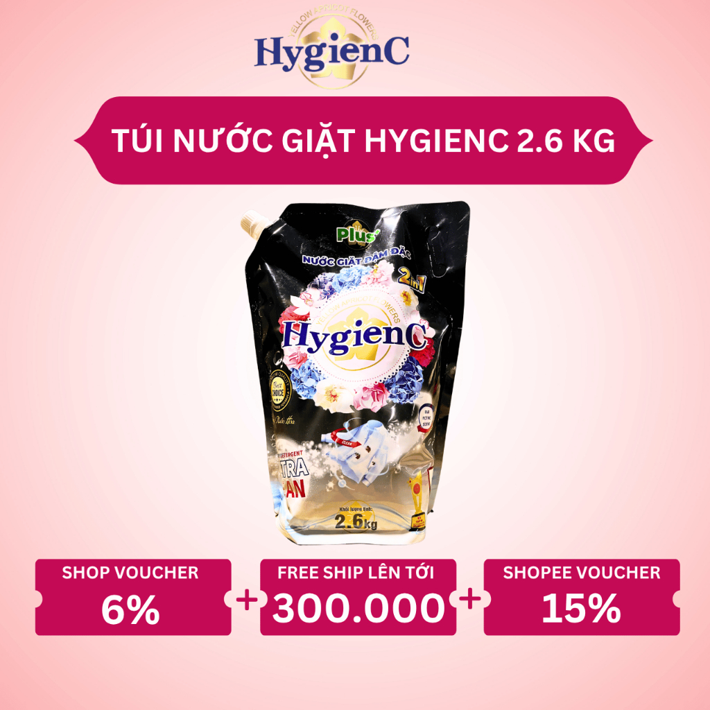 Túi Nước Giặt HygienC Plus 2.6Kg Đậm Đặc Hương Nước Hoa - Làm Sạch Vết Bẩn, Lưu Hương Bền Lâu