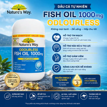 Viên Uống Dầu Cá Bổ Sung Omega 3 Nature's Way Odourless Fish Oil 1000mg (80 Viên) - Hỗ Trợ Sáng Mắt, Bổ Nào, Tim Mạch
