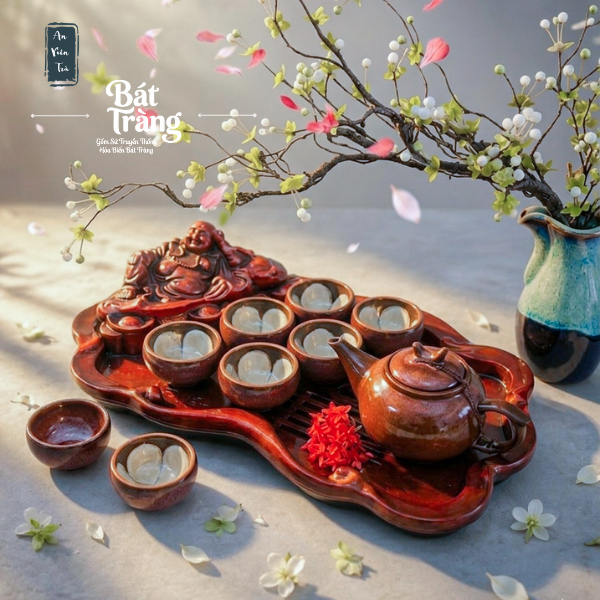 Bộ ấm chén men Hổ Phách Trầm Bát Tràng cao cấp - Dáng ấm Thượng Tân Kiều - Men hỏa biến tinh hoa hành thổ