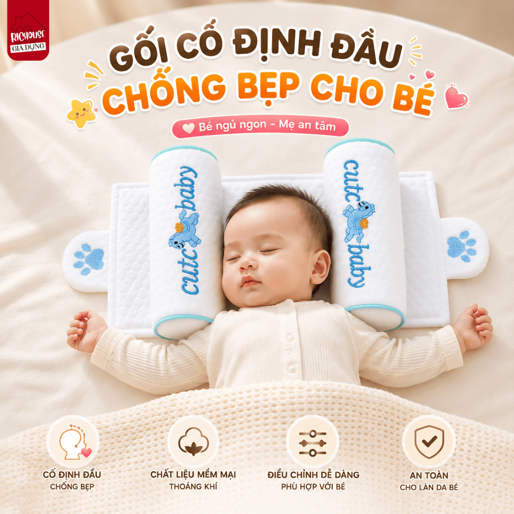 Gối Định Hình Đầu Cho Trẻ Sơ Sinh, Gối Hạt Kê Chống Méo Đầu Chống Giật Mình Cho Bé 0-18M RICHOUSE