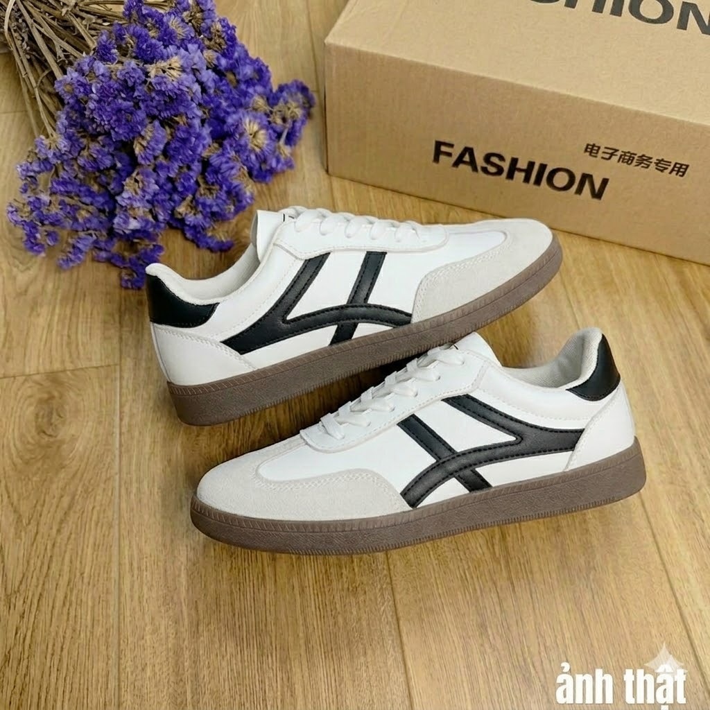Giày Sneaker Nữ Cổ Điển Họa Tiết Sọc Đan Chéo - Giày Thể Thao Nữ Mũi Da Lộn Đế Gum Retro Đi Học Đi Chơi Bản Đẹp
