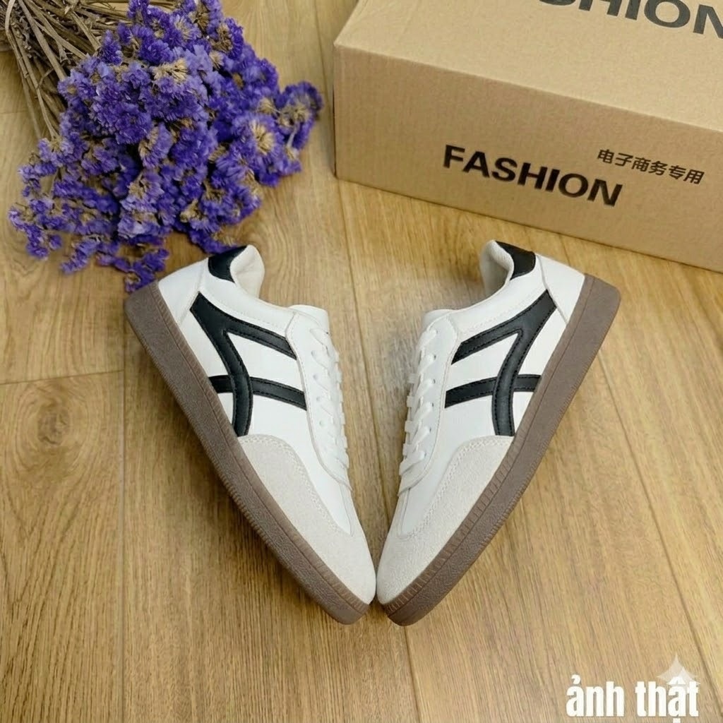 Giày Sneaker Nữ Cổ Điển Họa Tiết Sọc Đan Chéo - Giày Thể Thao Nữ Mũi Da Lộn Đế Gum Retro Đi Học Đi Chơi Bản Đẹp