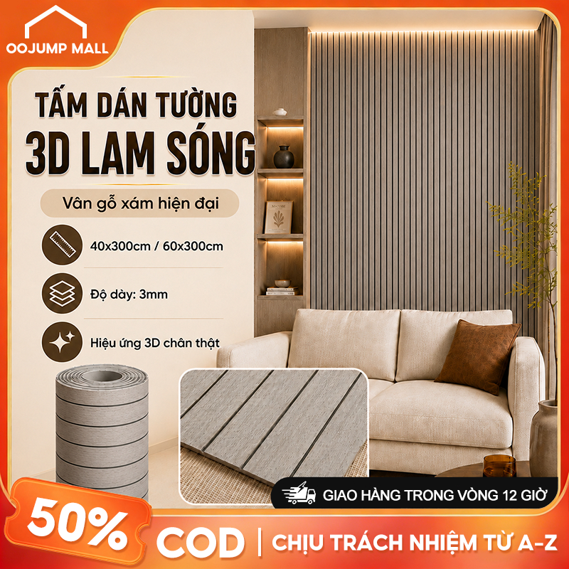 Tấm Ốp Tường Giả Gỗ Giấy Dán Tường 3D Nan Chớp Tự Dính Chống Nước Chống Cháy Cuộn 3m Trang Trí Phòng Khách