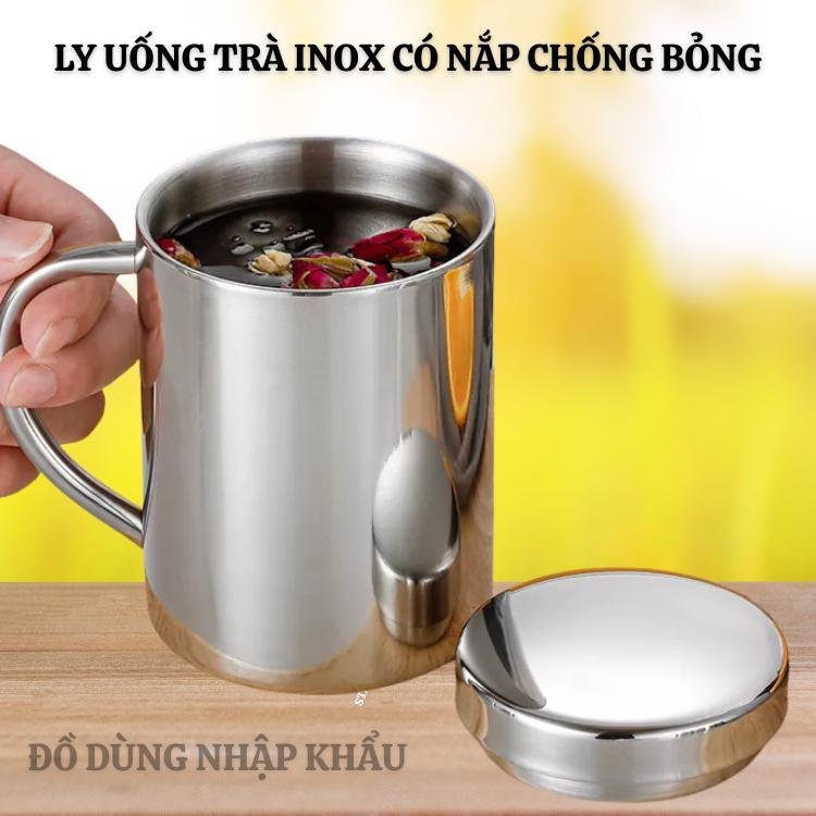 Cốc trà inox cách nhiệt, có quai, có nắp, cứng bền, cách nhiệt, inox 304 cao cấp -Dung tích 200ml