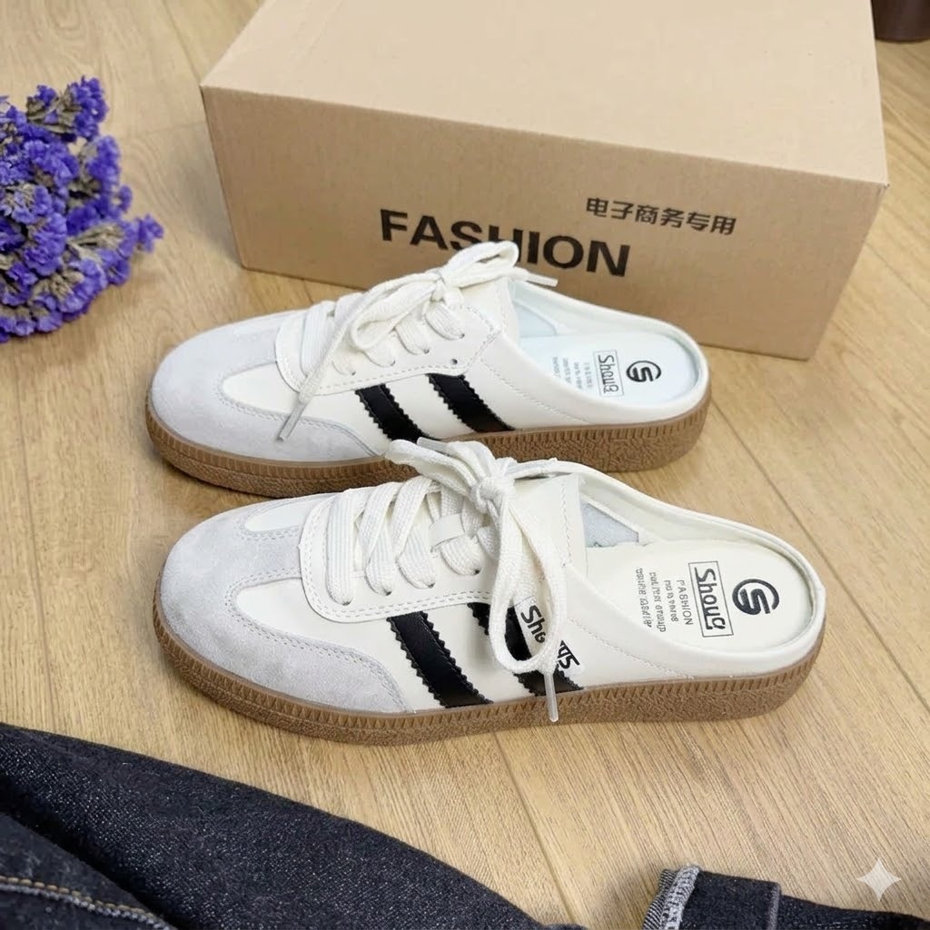 Sục Giày Sneaker Nữ Cổ Điển Hở Gót - Dép Sục Nữ Mũi Da Lộn 2 Sọc Răng Cưa Đế Gum Đi Học Đi Chơi Tiện Lợi