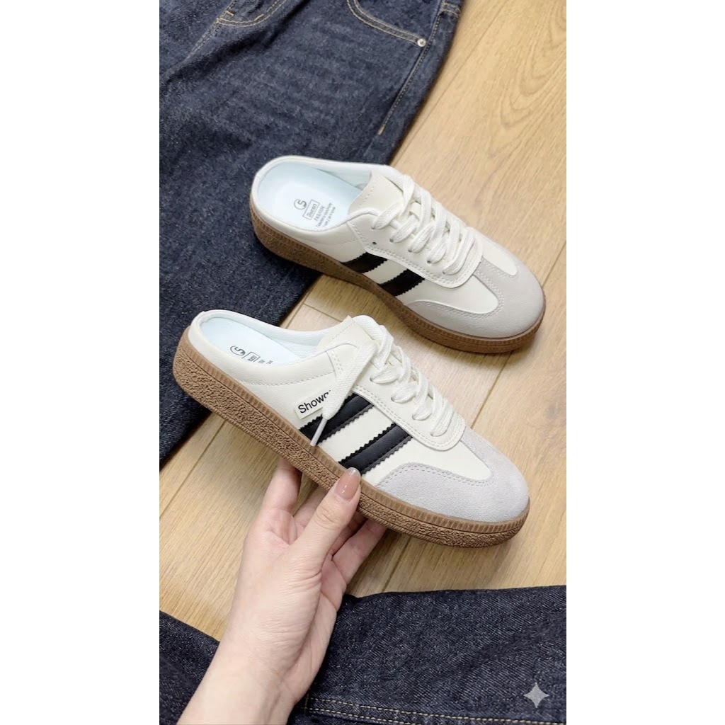 Sục Giày Sneaker Nữ Cổ Điển Hở Gót - Dép Sục Nữ Mũi Da Lộn 2 Sọc Răng Cưa Đế Gum Đi Học Đi Chơi Tiện Lợi