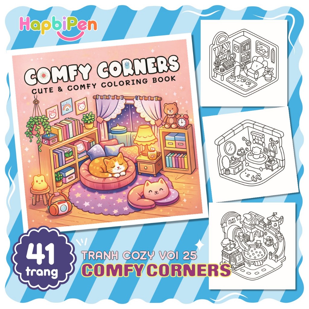 Bộ tranh tô màu 41 trang với chủ đề COMFY CORNERS khổ A4 và A5 dành cho bé tô màu thư giãn COZY25