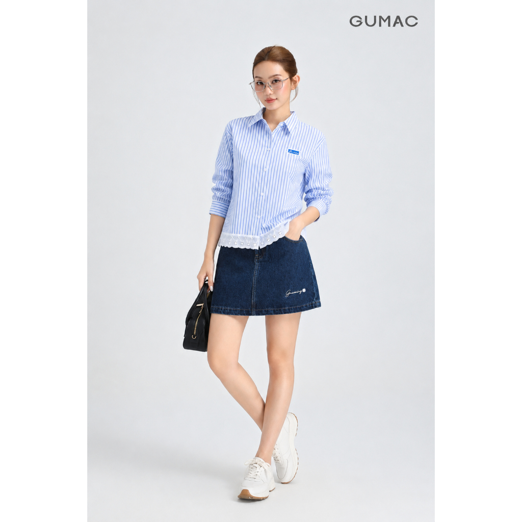 Áo Sơ Mi Nữ Gmorning - GUMAC Form Boxy Tay Dài Lai Phối Ren Nữ Tính Tinh Tế YAG05031