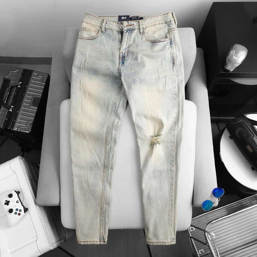 Quần jean nam màu bạc bụi rách form slimfit ống ôm nhẹ cotton thun co giãn chất liệu cao cấp