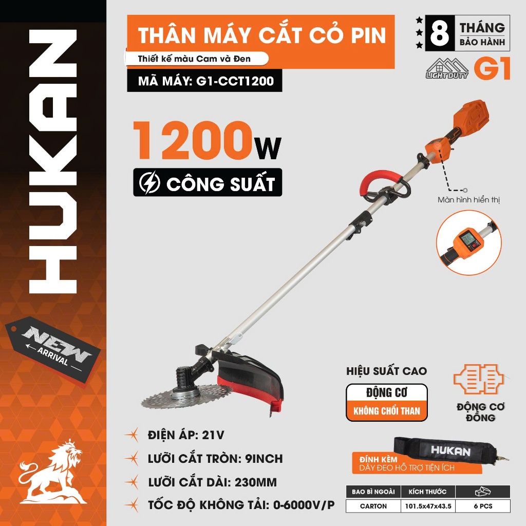 Thân Máy Cắt Cỏ Pin 21V HUKAN G1-CCT1200 | 9 Inch - Động Cơ Không Chổi Than, Công Suất 1200W, Phát Cỏ Làm Vườn