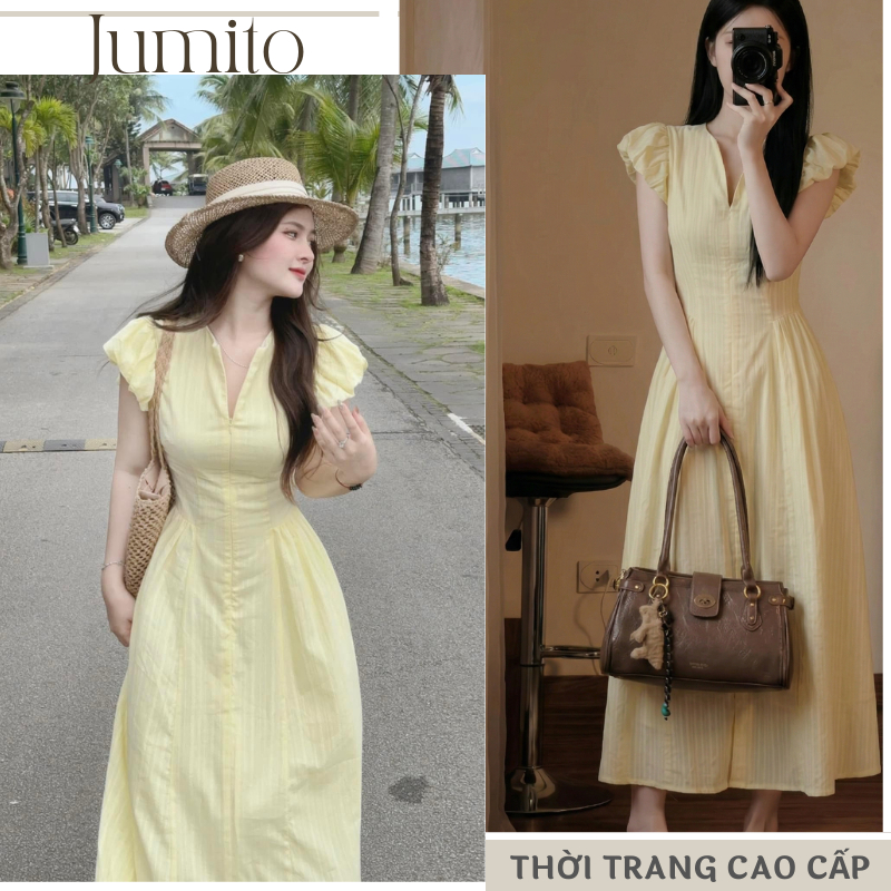Váy maxi đi biển dáng dài cổ V phối tay cánh tiên đầm xòe chữ A chiết eo cao tôn dáng du lịch hè HCOM25503