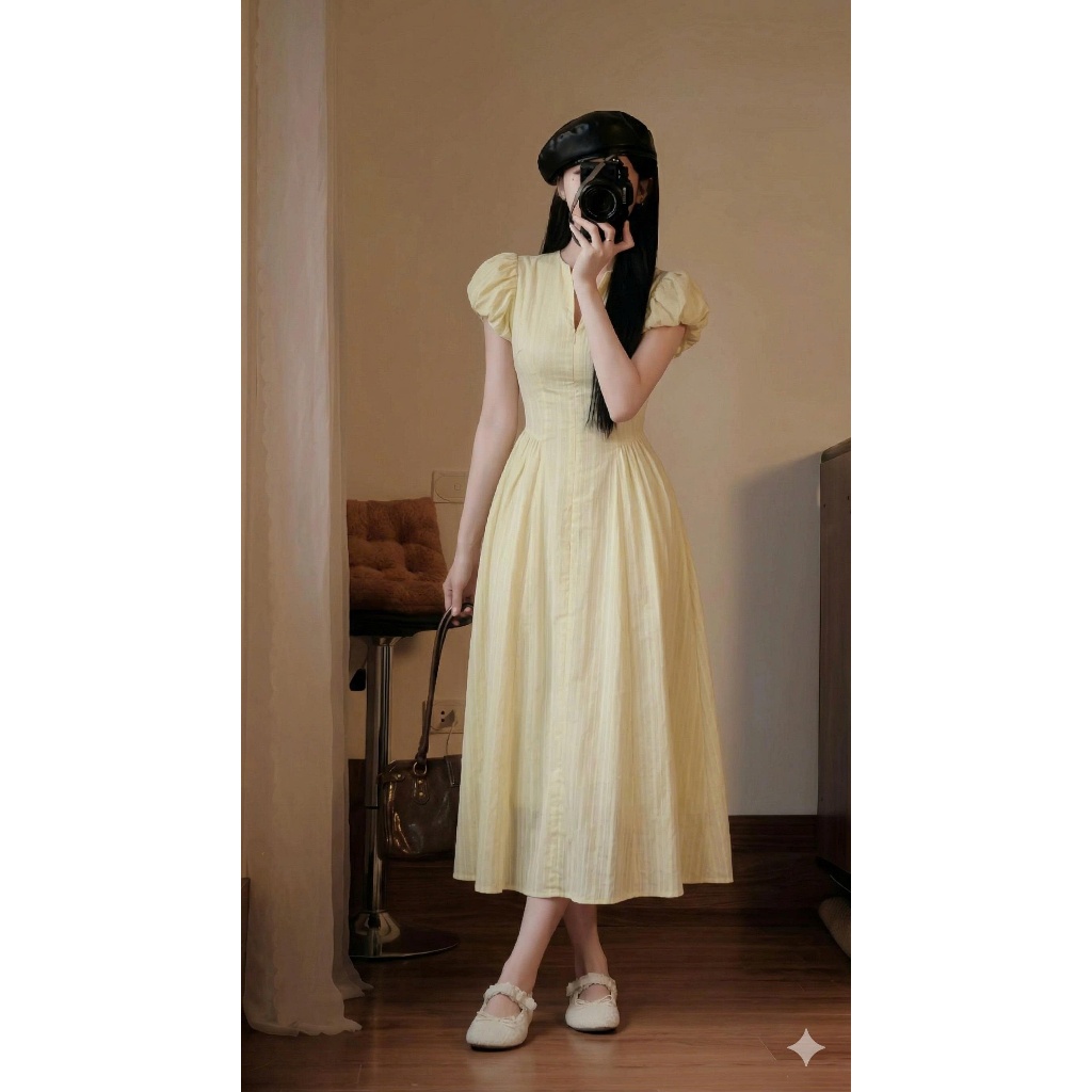 Váy maxi đi biển dáng dài cổ V phối tay cánh tiên đầm xòe chữ A chiết eo cao tôn dáng du lịch hè HCOM25503