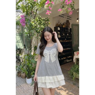 [V1.745] Váy Suông Cotton Nơ Đính Ngọc Chân Phối Ren Siêu Xinh Form Rộng Thoải Mái