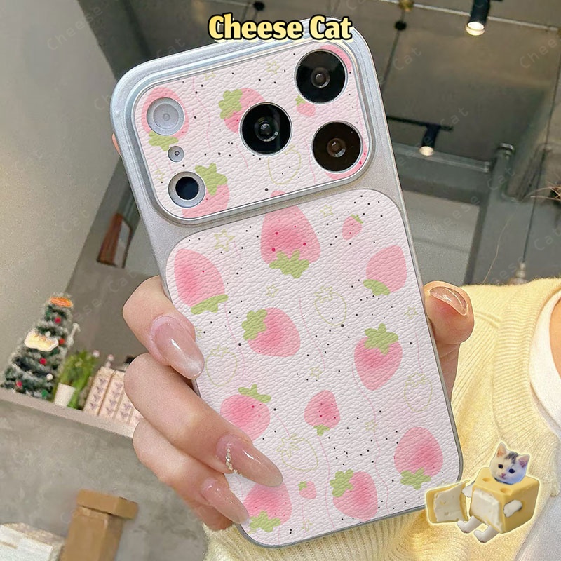 Ốp điện thoại bằng da màu hồng dâu tây cho iPhone 17 Pro Max cho iPhone 13 12 11 Xs Max XR 14 15 16 Plus
