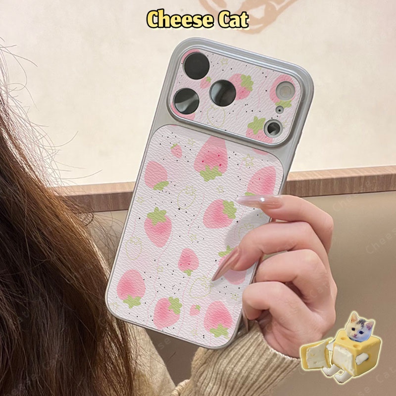 Ốp điện thoại bằng da màu hồng dâu tây cho iPhone 17 Pro Max cho iPhone 13 12 11 Xs Max XR 14 15 16 Plus