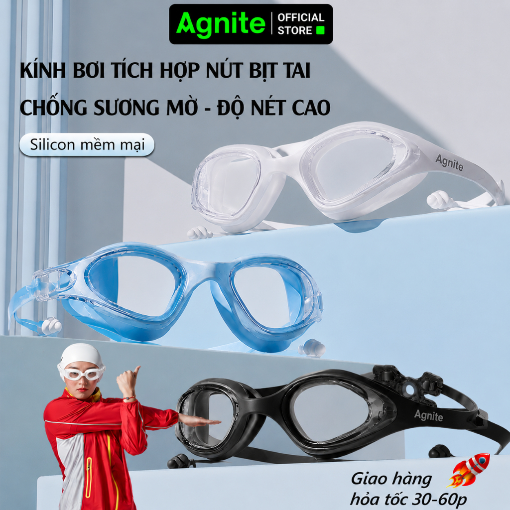 [MUA 1 TẶNG 1] Kính bơi người lớn, trẻ em chính hãng AGNITE chống tia UV bảo vệ mắt, thấu kính trong, tầm nhìn rõ