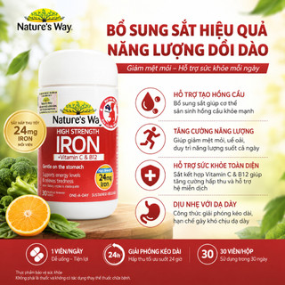 Viên sắt hữu cơ, sắt bầu Nature’s Way High strength iron vitamin , B12 hỗ trợ chuyển hoá năng lượng