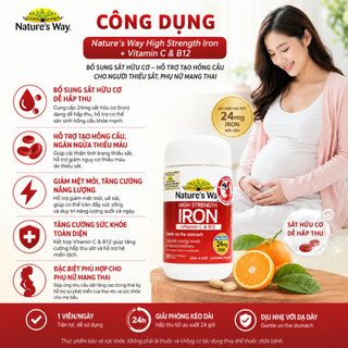 Viên sắt hữu cơ, sắt bầu Nature’s Way High strength iron vitamin , B12 hỗ trợ chuyển hoá năng lượng