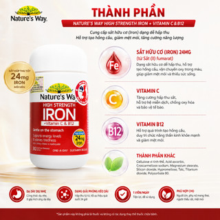 Viên sắt hữu cơ, sắt bầu Nature’s Way High strength iron vitamin , B12 hỗ trợ chuyển hoá năng lượng