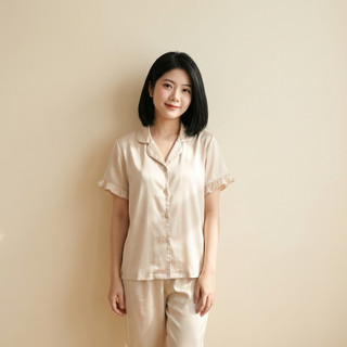 Bộ Đồ Ngủ Lụa Mềm Đen Nữ Tay Ngắn Viền Bèo Cao Cấp – Pyjama Mặc Nhà Sang Trọng [NP C07 CỘC DÀI]