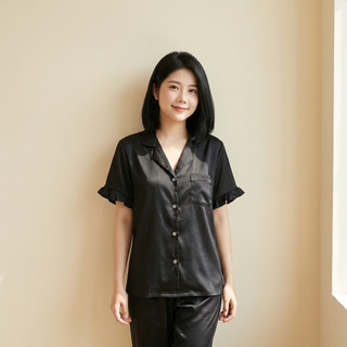 Bộ Đồ Ngủ Lụa Mềm Đen Nữ Tay Ngắn Viền Bèo Cao Cấp – Pyjama Mặc Nhà Sang Trọng [NP C07 CỘC DÀI]