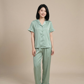 Bộ Đồ Ngủ Nữ Lụa Cước Ánh Kim Dài Quần Cổ Vest Tay Bèo Mặc Nhà Thanh Lịch Cao Cấp C07