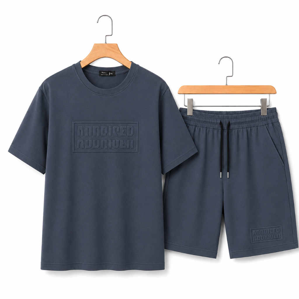 Set Đồ Nam BH-ADDRISER Cotton Mềm Mịn, Áo Cổ Tròn In Chữ Nổi, Quần Short Dây Rút Trẻ Trung Dạo Phố