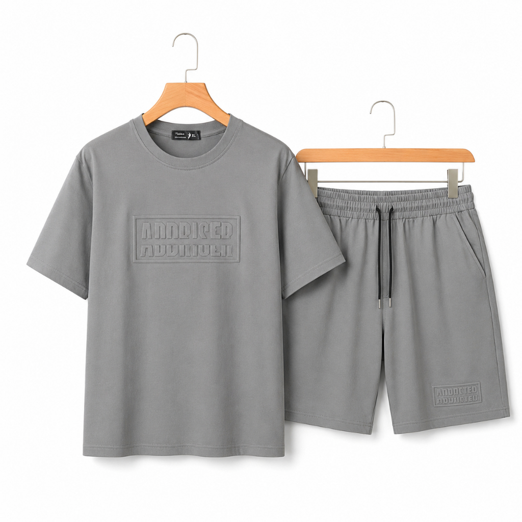 Set Đồ Nam BH-ADDRISER Cotton Mềm Mịn, Áo Cổ Tròn In Chữ Nổi, Quần Short Dây Rút Trẻ Trung Dạo Phố