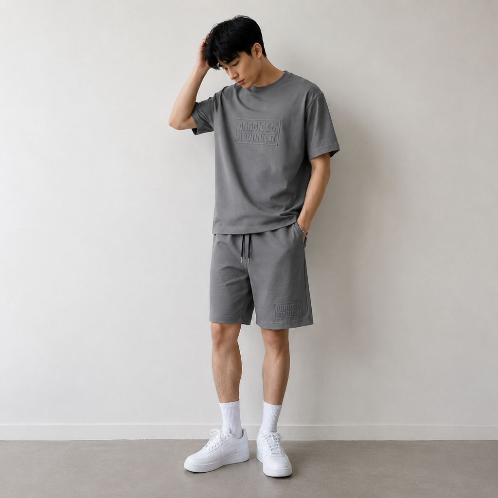 Set Đồ Nam BH-ADDRISER Cotton Mềm Mịn, Áo Cổ Tròn In Chữ Nổi, Quần Short Dây Rút Trẻ Trung Dạo Phố