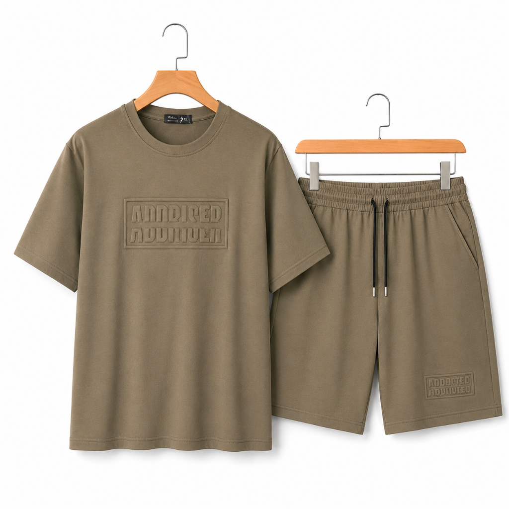 Set Đồ Nam BH-ADDRISER Cotton Mềm Mịn, Áo Cổ Tròn In Chữ Nổi, Quần Short Dây Rút Trẻ Trung Dạo Phố