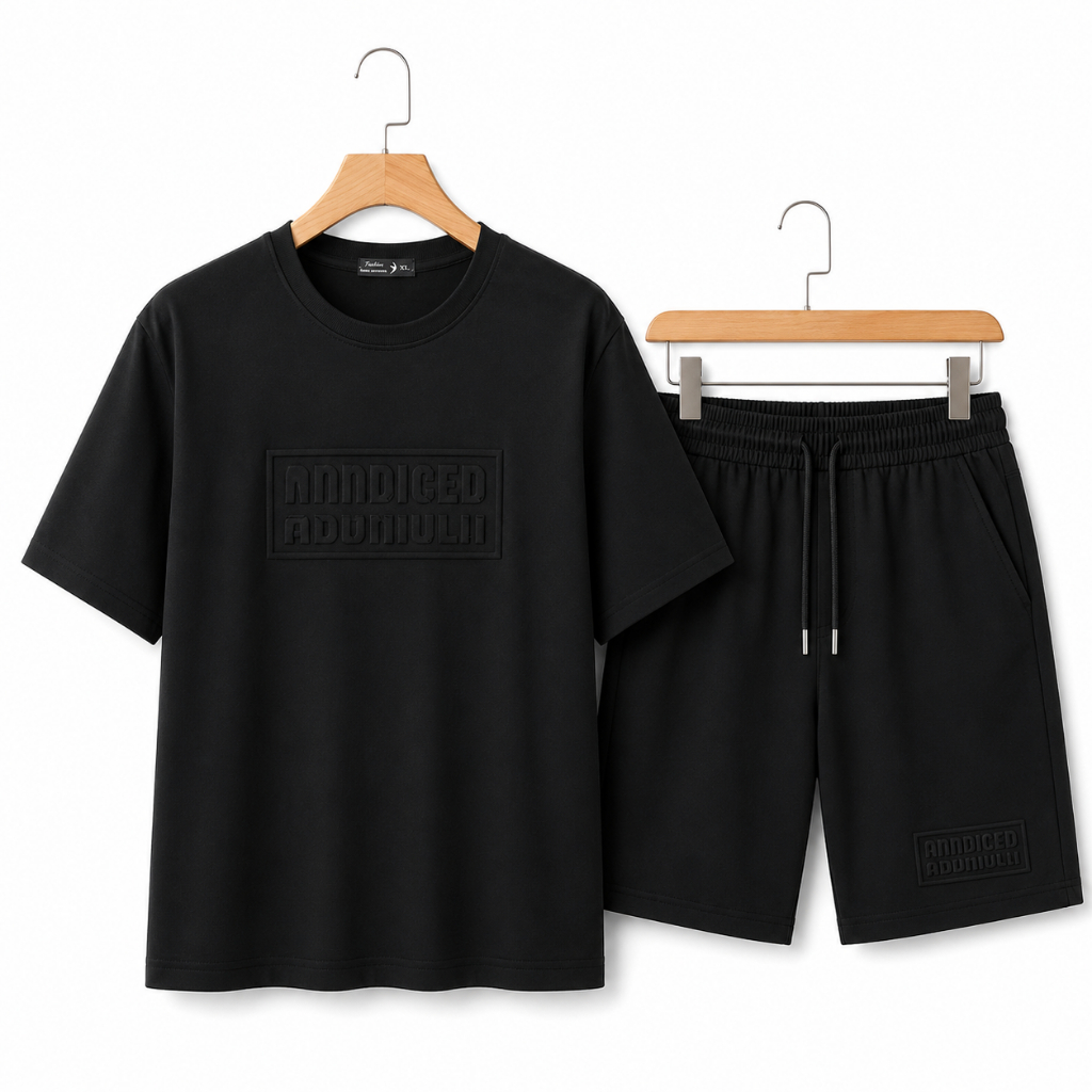Set Đồ Nam BH-ADDRISER Cotton Mềm Mịn, Áo Cổ Tròn In Chữ Nổi, Quần Short Dây Rút Trẻ Trung Dạo Phố