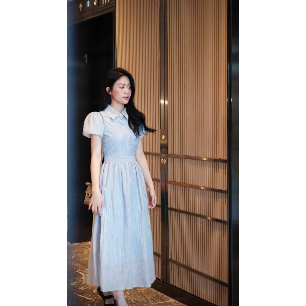 NH CLOTHER -Váy maxi công sở dáng dài tay ngắn phồng bẻ cổ màu be phối hàng cúc trước ngực